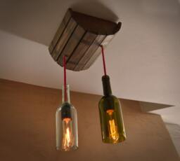 Ceiling Lamp in A Wine Barrel With 2 Shades Of Bottles, Bottles Chandelier, Ceiling Light, Wood Lamp, Wooden Barrel, Restaurant