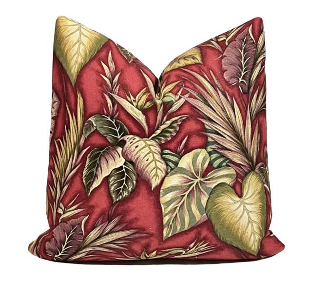 Tropical Leaf Pillow Cover - Copa Cabana Hawaii Barkcloth Burgundy, Green. Purple Both Sides