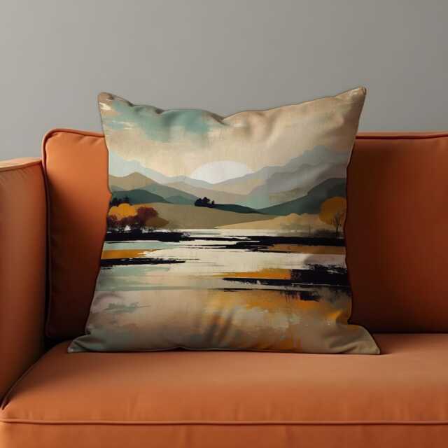 Serene Mountain Landscape Cushion Cover, Lake, Trees & Sunset Pillow Case in Earthy Tones, Watercolor Scene Throw Cover - image 1