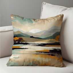 Serene Mountain Landscape Cushion Cover, Lake, Trees & Sunset Pillow Case in Earthy Tones, Watercolor Scene Throw Cover - thumbnail 3