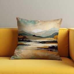 Serene Mountain Landscape Cushion Cover, Lake, Trees & Sunset Pillow Case in Earthy Tones, Watercolor Scene Throw Cover - thumbnail 2