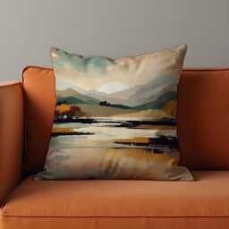 Serene Mountain Landscape Cushion Cover, Lake, Trees & Sunset Pillow Case in Earthy Tones, Watercolor Scene Throw Cover - thumbnail 1