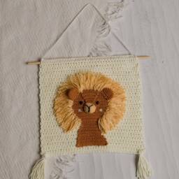 Crochet Lion Nursery Wall Hanging Handmade Cotton Decor With Tassels - thumbnail 2