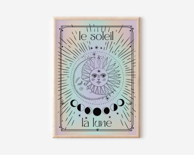 Le Soleil La Lune Print 01 - The Sun Moon, Tarot Card Style, Pastel Gradient, On Trend Y2K, Retro Celestial Psychedelic, Mystical Poster - image 1