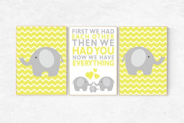 Elephant Nursery Decor Print Yellow Gray Chevron Wall Art - image 1