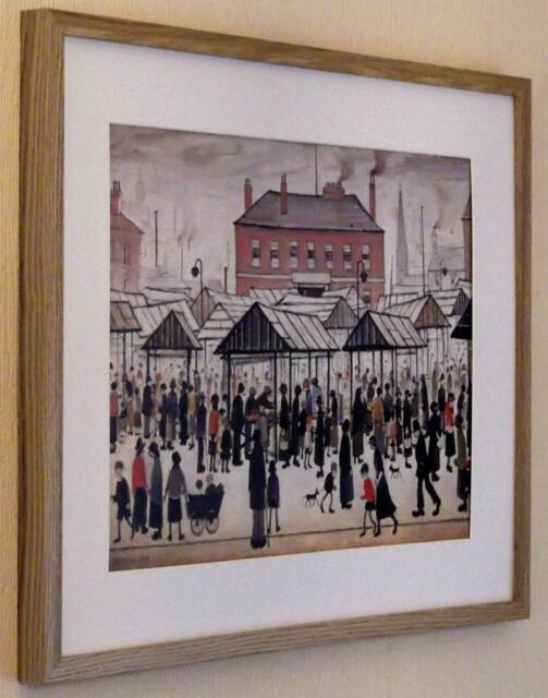 L S Lowry Art Print - Market Scene Light Oak Finish Frame With White Mount & Textured Image - image 1