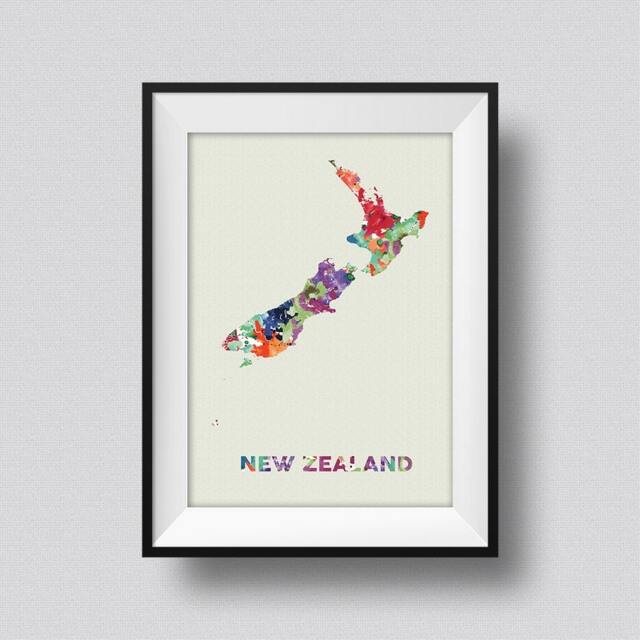 New Zealand Watercolor Map Art Print Ink Splash Poster Canvas