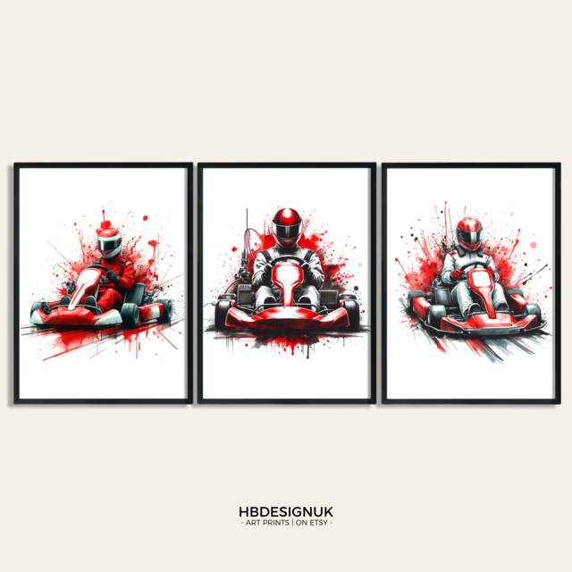Go Karting Poster Print - Set Of 3 Posters - Room Decor Art Prints Boys Bedroom Kart Wall Red Driver Gifts - image 1