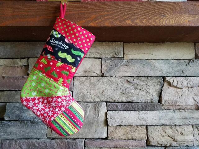 Red & Green Patchwork Christmas Stocking Ooak White Quilted - image 1