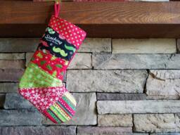 Red & Green Patchwork Christmas Stocking Ooak White Quilted - thumbnail 1
