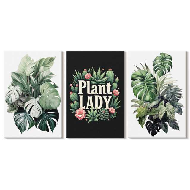 Set Of 3 Canvas Prints - Tropical Plants With The Plant Lady Text in Green, Green Print On Canvas, & Flowers Wall Decor - image 1