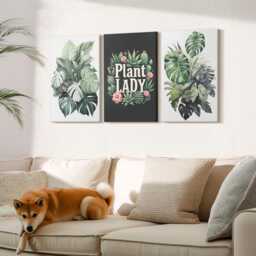 Set Of 3 Canvas Prints - Tropical Plants With The Plant Lady Text in Green, Green Print On Canvas, & Flowers Wall Decor - thumbnail 3