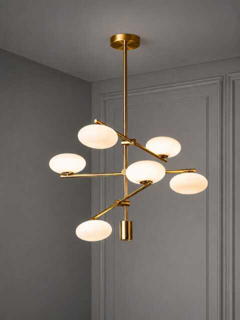 Mid Century Modern Brass Chandelier, 6-Light Opal Globe Pendant Ceiling Fixture - image 1