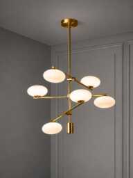 Mid Century Modern Brass Chandelier, 6-Light Opal Globe Pendant Ceiling Fixture - thumbnail 1