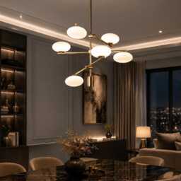 Mid Century Modern Brass Chandelier, 6-Light Opal Globe Pendant Ceiling Fixture - thumbnail 2