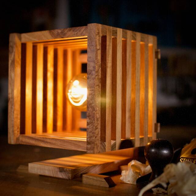Table Lamp in Reclaimed Wood - Teak & Ash, Handmade With Double Dovetail Joints, Beeswax Finish - image 1