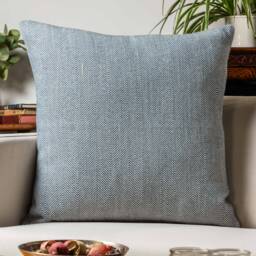 Faux Wool Linen Blend Herringbone Extra-Large Cushion in Navy Blue. Traditional Linen-Mix Effect Fabric. 23X23 - thumbnail 1