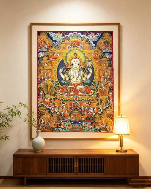 Four-Armed Chenrezig Thangka Wall Hanging, Tibetan Silk Jacquard Avalokiteshvara Tapestry, Zen Meditation Altar Decor - image 1