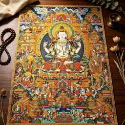 Four-Armed Chenrezig Thangka Wall Hanging, Tibetan Silk Jacquard Avalokiteshvara Tapestry, Zen Meditation Altar Decor - thumbnail 3