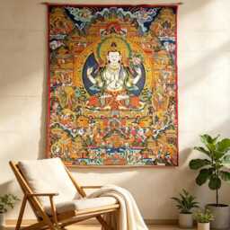 Four-Armed Chenrezig Thangka Wall Hanging, Tibetan Silk Jacquard Avalokiteshvara Tapestry, Zen Meditation Altar Decor - thumbnail 4