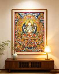 Four-Armed Chenrezig Thangka Wall Hanging, Tibetan Silk Jacquard Avalokiteshvara Tapestry, Zen Meditation Altar Decor