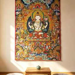 Four-Armed Chenrezig Thangka Wall Hanging, Tibetan Silk Jacquard Avalokiteshvara Tapestry, Zen Meditation Altar Decor - thumbnail 2