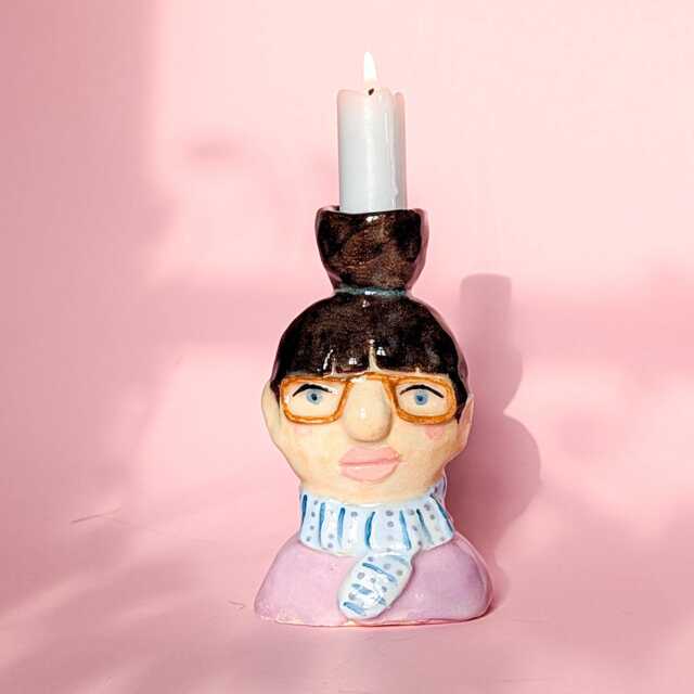 Ceramic Candle Holder Woman With Bun, Glasses & Scarf - image 1