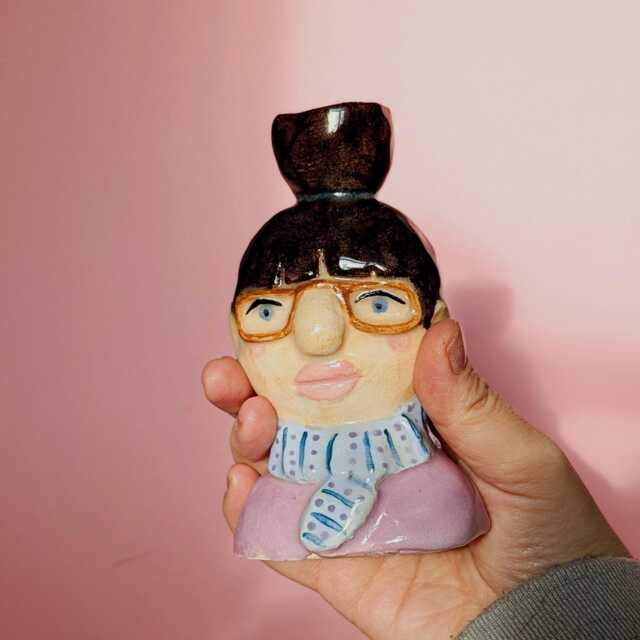 Ceramic Candle Holder Of A Woman With Bun, Glasses & Scarf - Unique Piece - image 1