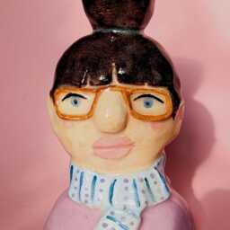 Ceramic Candle Holder Of A Woman With Bun, Glasses & Scarf - Unique Piece - thumbnail 3