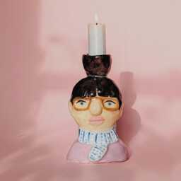 Ceramic Candle Holder Of A Woman With Bun, Glasses & Scarf - Unique Piece - thumbnail 2
