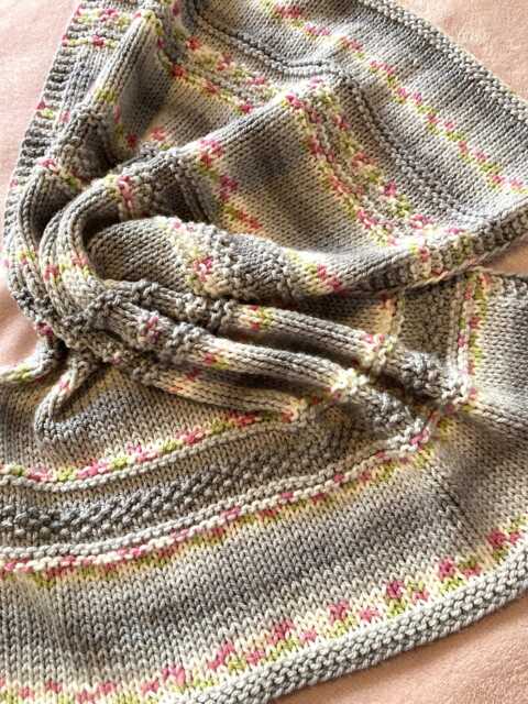 Cosy Hand Knitted Baby Blanket ~ Chunky Yarn Grey & Blossom Easy Care - image 1