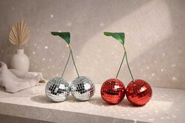 Disco Ball Cherries Decor - Red Or Silver - 70S Groovy Retro Shelf Accent Sparkly Mirror Cherry Ornament Personalised Option - image 1