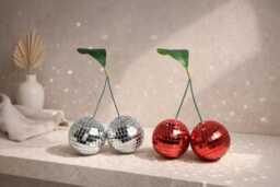 Disco Ball Cherries Decor - Red Or Silver - 70S Groovy Retro Shelf Accent Sparkly Mirror Cherry Ornament Personalised Option - thumbnail 1