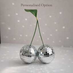 Disco Ball Cherries Decor - Red Or Silver - 70S Groovy Retro Shelf Accent Sparkly Mirror Cherry Ornament Personalised Option - thumbnail 4