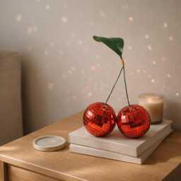 Disco Ball Cherries Decor - Red Or Silver - 70S Groovy Retro Shelf Accent Sparkly Mirror Cherry Ornament Personalised Option - thumbnail 3