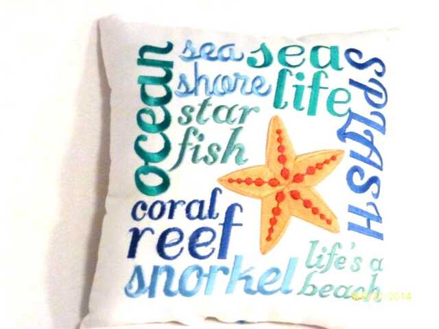 Embroidered Starfish Pillow - Coastal Ocean Words in Blue, White & Sea Green - image 1