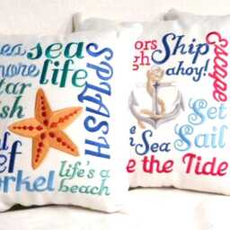Embroidered Starfish Pillow - Coastal Ocean Words in Blue, White & Sea Green - thumbnail 2