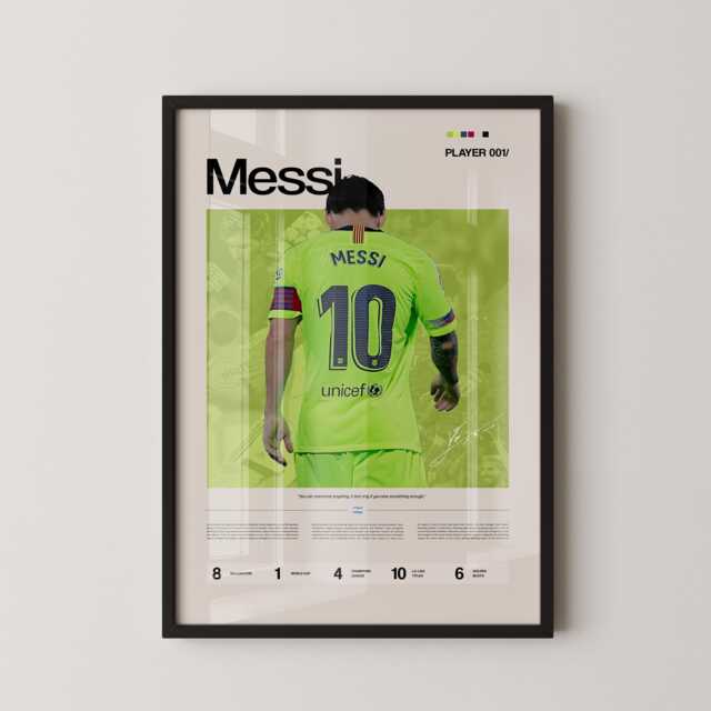 Messi Neon Green Kit Stats Poster, Lionel Barca Wall Art, Barcelona Football Print, Soccer Legend Gift, Sports Decor - image 1