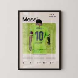 Messi Neon Green Kit Stats Poster, Lionel Barca Wall Art, Barcelona Football Print, Soccer Legend Gift, Sports Decor - thumbnail 1