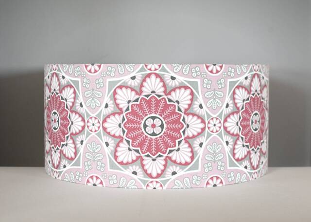 Red Grey Geometric Flower Lampshade Scandinavian Fabric Handmade By Vivid Shades Funky Retro Scandi Pattern Drum Light Shade Pink - image 1