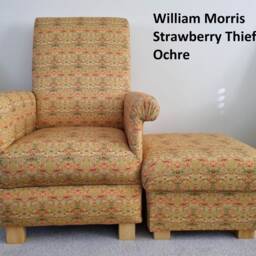 William Morris Strawberry Thief Fabric Adult Armchair & Footstool Chair Green Ochre Red Navy Blue Accent - thumbnail 3