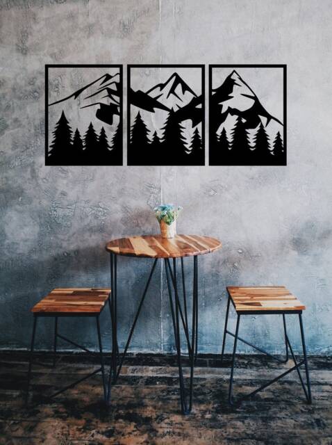 3-Part Wooden Wall Picture - Nature Motif With Mountains, Trees & Adventure Feeling - image 1