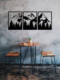 3-Part Wooden Wall Picture - Nature Motif With Mountains, Trees & Adventure Feeling - thumbnail 1