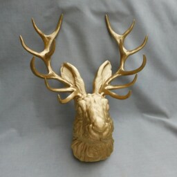 Jackalope Head Gold, Large Mount Wall Art, Faux Animal 3D Printed - thumbnail 3