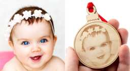 Wooden Christmas Ball Engraved With Your Photo. Gift, Decoration, Customizable Tree Ornament Ribbon & Wood Color - thumbnail 1