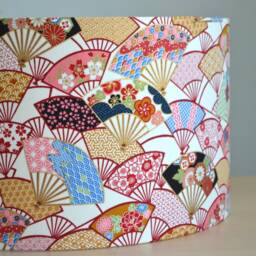 Round Lampshade in Cotton Fabric With Japanese Fan Design, Table Lamp Motif, & Floor Lamp, Lighting - thumbnail 2