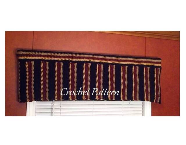 striped Valance, Crochet Pattern, Tan Black Granet, Topper, Window Treatment, Mens Decor, Downloadable Pattern - image 1