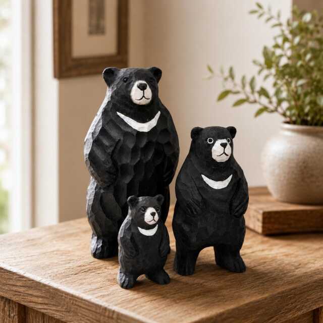 Hand Carved Wood Black Bear Family Set Rustic Woodland Nursery Decor New Mom Gift - image 1