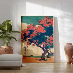 Pink Blossom Tree Poster - Japanese Woodblock Style Nature Art Green Blue Floral Print - thumbnail 3