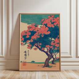 Pink Blossom Tree Poster - Japanese Woodblock Style Nature Art Green Blue Floral Print - thumbnail 1